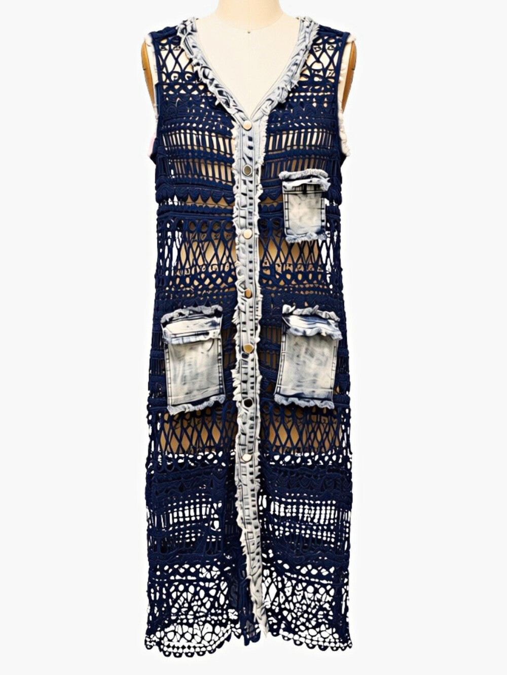 M Collection Women’s Blue/White Sleeveless Long Vest Cardigan Button Pockets